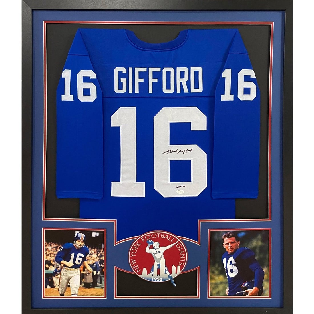Frank Gifford Autographed Framed Jersey New York Giants JSA Certified: Frank Gifford Autographed Framed Jersey New York Giants JSA Certified This framed jersey features the autograph of Frank Gifford, a legendary player for the New York Giants. The jersey is authenticate