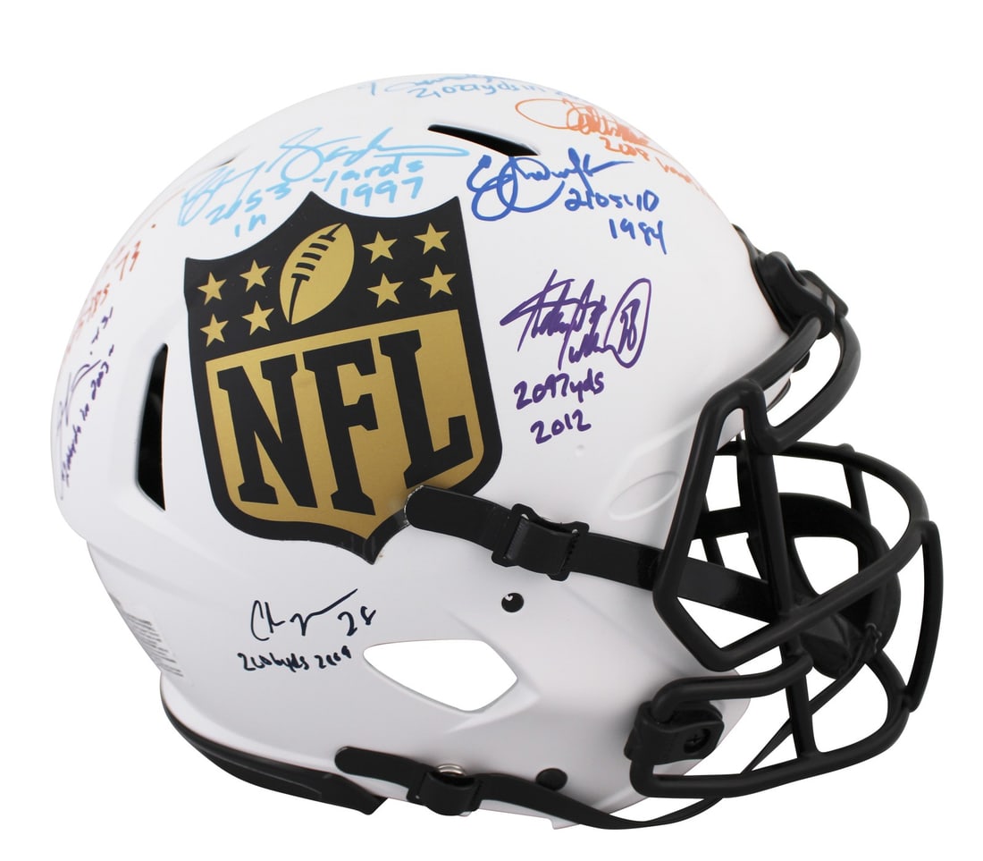 Full Size Speed Proline Helmet Signed by 9 NFL Rushing Legends BAS Witnessed: Full Size Speed Proline Helmet Signed by 9 NFL Rushing Legends BAS Witnessed This authentic full-size Speed Proline helmet has been personally signed by nine renowned NFL running backs: Adrian Peterso