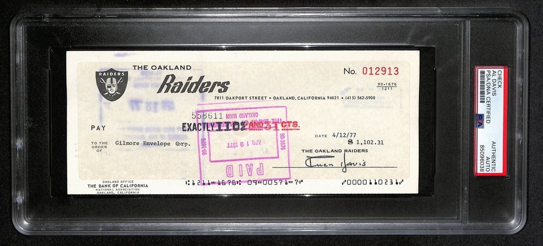 AL Davis Autographed 1977 Oakland Raiders Check PSA Authenticated: AL Davis Autographed 1977 Oakland Raiders Check PSA Authenticated This is a unique collectible featuring the autograph of Al Davis, the legendary owner of the Oakland Raiders. This signed check dates 