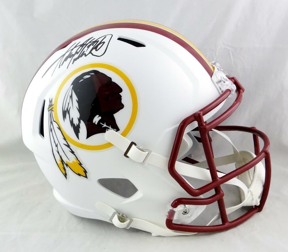 Signed Washington Redskins full size flat white speed helmet Adrian Peterson Beckett: Signed Washington Redskins full size flat white speed helmet Adrian Peterson Beckett This is a full-size flat white Speed helmet featuring the Washington Redskins, signed by Adrian Peterson. The autog