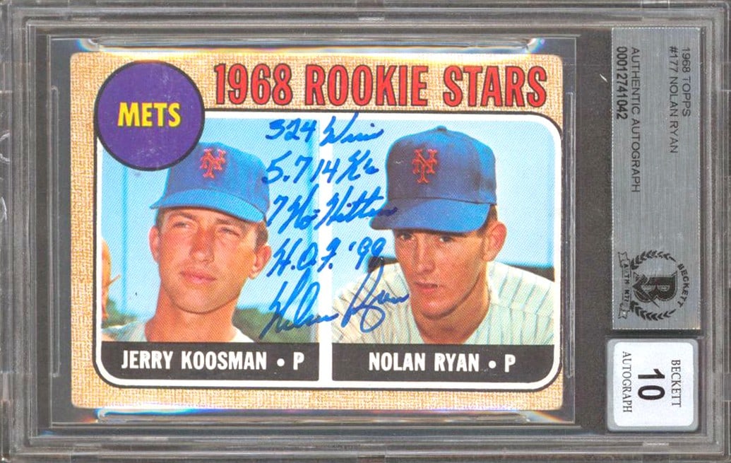 Beckett Slabbed Nolan Ryan 1968 Topps Rookie Auto Gem Mint 10 Mets: Beckett Slabbed Nolan Ryan 1968 Topps Rookie Auto Gem Mint 10 Mets This is an original 1968 Topps #177 rookie card featuring Nolan Ryan of the New York Mets. The card has been personally signed by Nol
