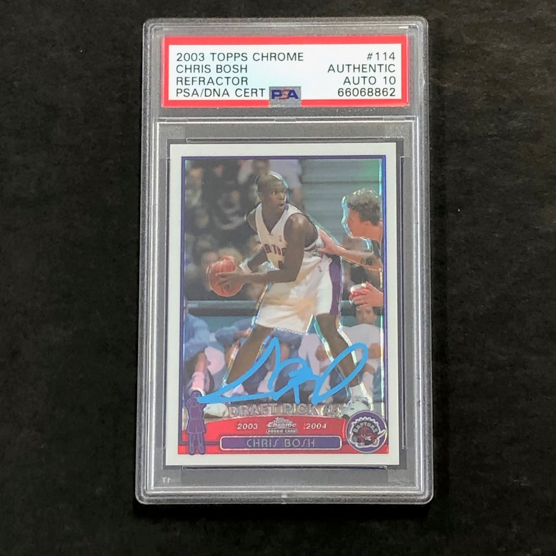Chris Bosh PSA Authenticated Topps Chrome Refractor 114 Autographed NBA Card: Chris Bosh PSA Authenticated Topps Chrome Refractor 114 Autographed NBA Card This is a 2003-04 Topps Chrome Refractor #114 basketball trading card featuring Chris Bosh of the Toronto Raptors. The card