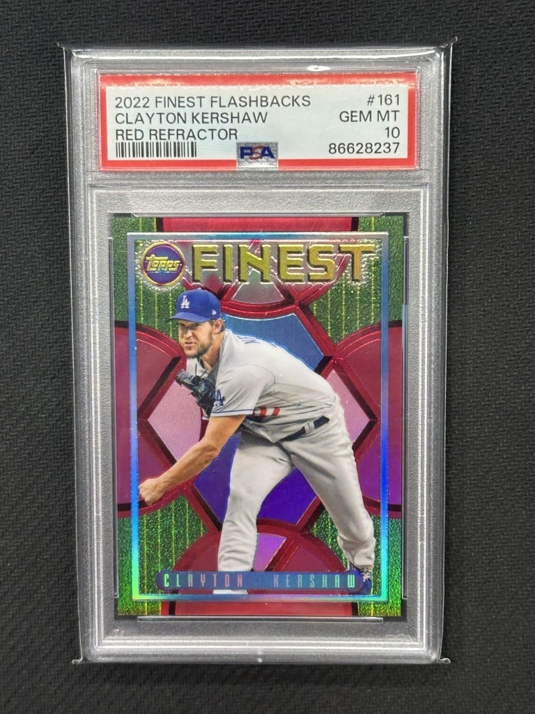 Clayton Kershaw 2022 Topps Finest Flashbacks Red Refractor PSA 10 Card #161: Clayton Kershaw 2022 Topps Finest Flashbacks Red Refractor PSA 10 Card #161 This is a highly sought-after Clayton Kershaw 2022 Topps Finest Flashbacks Red Refractor baseball card, graded PSA 10. This 
