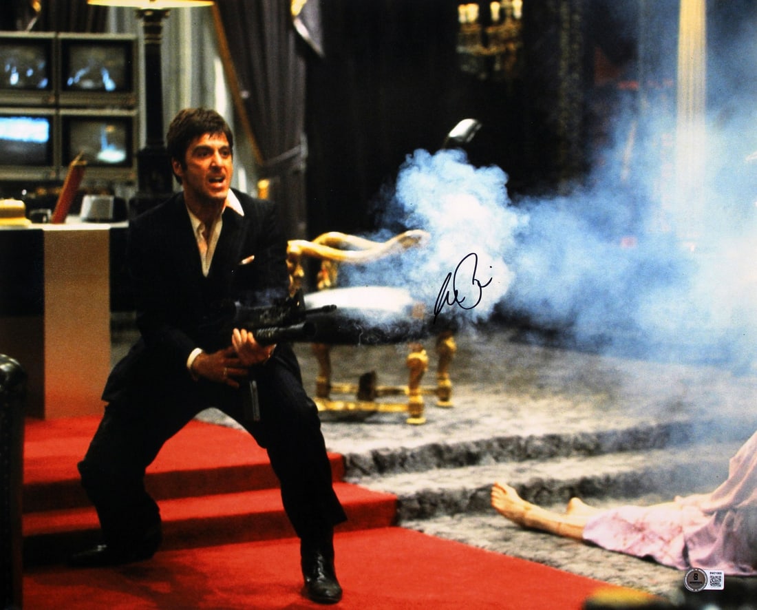 Al Pacino Signed Scarface 16x20 Shooting Photograph Beckett Authenticated: Al Pacino Signed Scarface 16x20 Shooting Photograph Beckett Authenticated This is a 16x20 inch horizontal photograph featuring Al Pacino in his iconic role from "Scarface," personally hand-signed by A