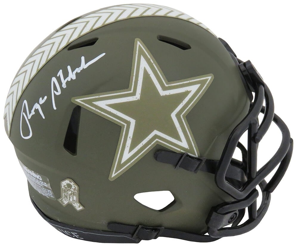 Roger Staubach Autographed Dallas Cowboys Salute Mini Helmet with COA: Roger Staubach Autographed Dallas Cowboys Salute Mini Helmet with COA This authentic Roger Staubach signed Dallas Cowboys Salute to Service Riddell Speed mini helmet is a must-have for any football fa