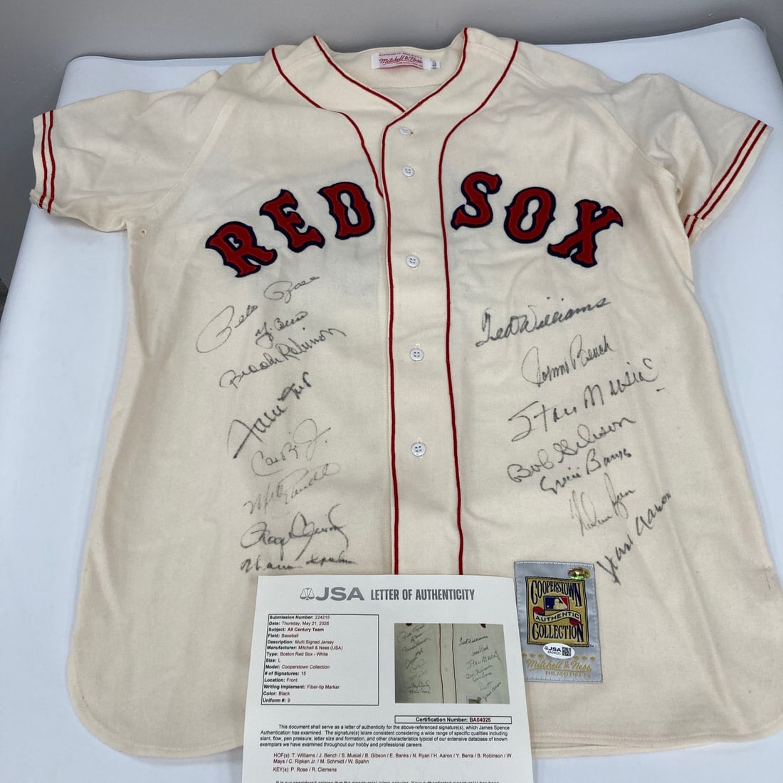 Mitchell Ness Ted Williams throwback baseball jersey 15 signatures PSA JSA: Mitchell Ness Ted Williams throwback baseball jersey 15 signatures PSA JSA This Boston Red Sox 1939 style throwback jersey by Mitchell & Ness (size L) is autographed by 15 members of the All Century T
