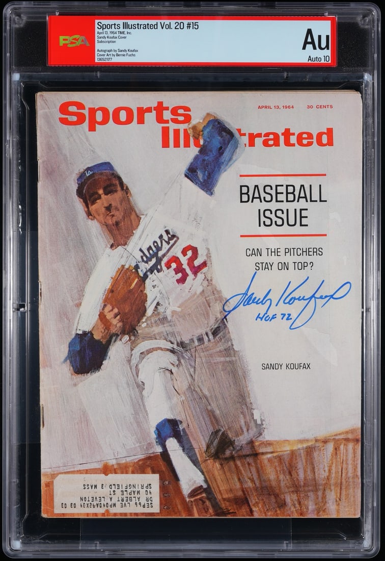 1964 Sports Illustrated Magazine Sandy Koufax Signed HOF 72 PSA DNA Auto 10: 1964 Sports Illustrated Magazine Sandy Koufax Signed HOF 72 PSA DNA Auto 10 This is an original 1964 Sports Illustrated Magazine featuring a bold signature from Sandy Koufax, along with the inscriptio