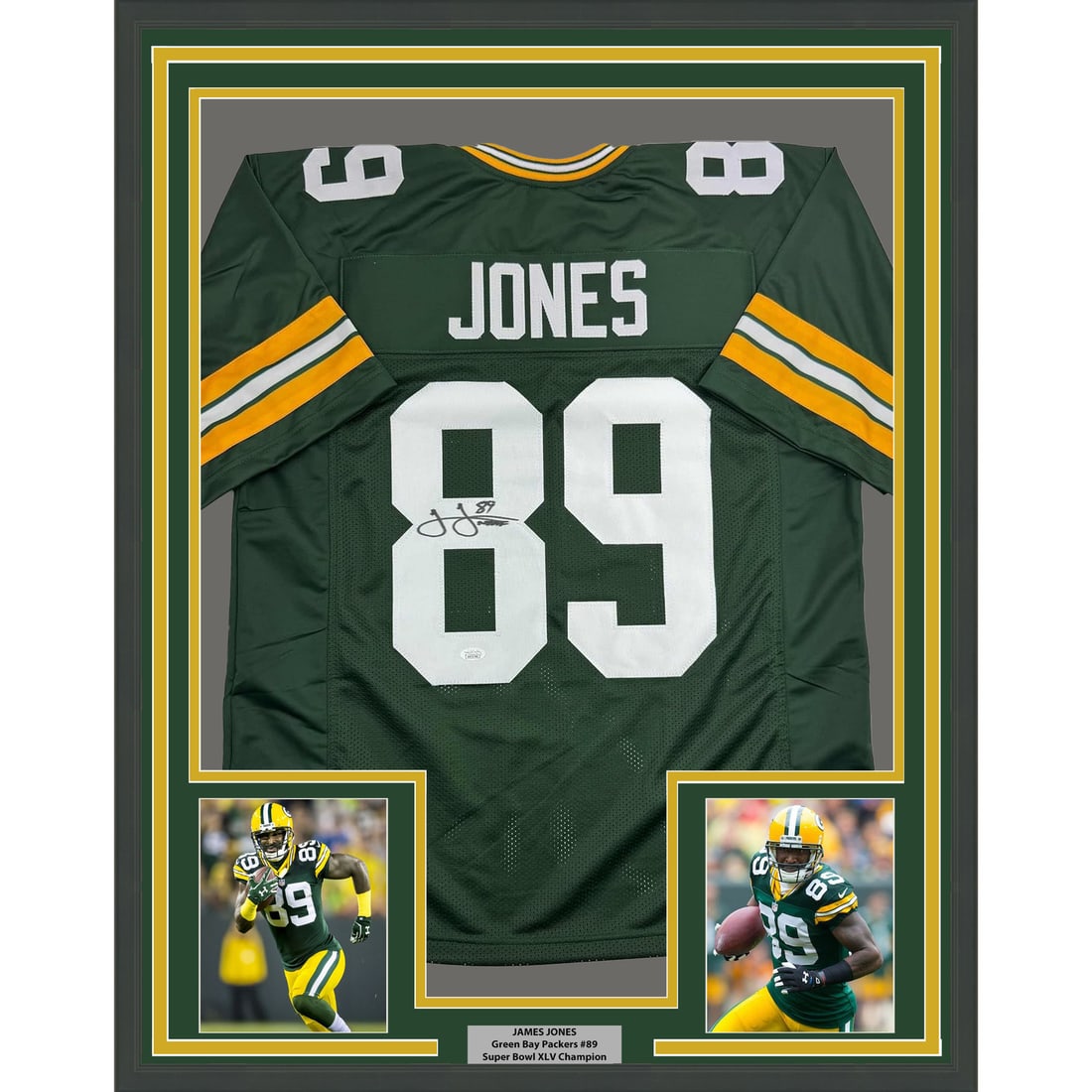 35x39 Framed James Jones Signed Packers Jersey JSA COA: 35x39 Framed James Jones Signed Packers Jersey JSA COA This professionally framed and matted display features a Green Bay Packers green jersey autographed by James Jones. The frame includes two 5x7 ph