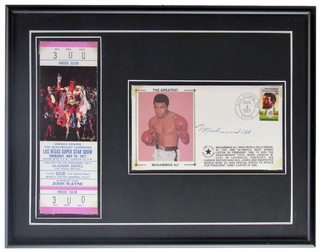 Framed Muhammad Ali Autographed First Day Cover and Full Ticket Display: Framed Muhammad Ali Autographed First Day Cover and Full Ticket Display This professionally framed collectible features an original First Day Cover (FDC) signed by Muhammad Ali, paired with a full eve