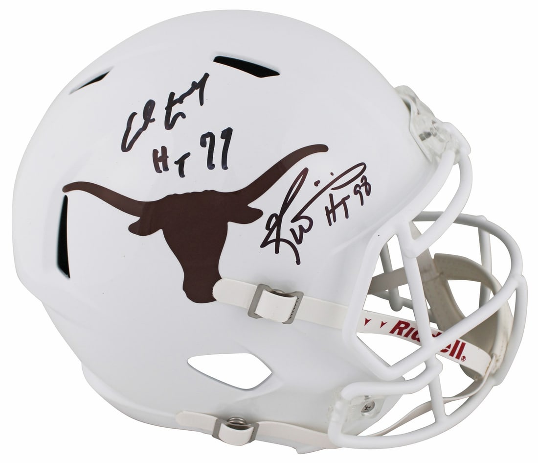 Texas Longhorns Ricky Williams Earl Campbell Signed Helmet BAS Authenticated: Texas Longhorns Ricky Williams Earl Campbell Signed Helmet BAS Authenticated This authentic Riddell Full Size Speed Replica Helmet is personally signed by Texas Longhorns legends Ricky Williams and Ea