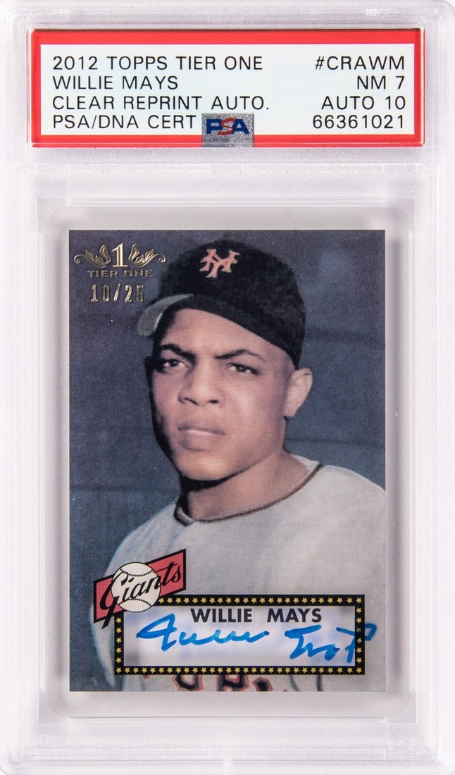 2012 Topps Tier One Willie Mays 1952 RC Signed Limited Edition 10/25 PSA 7 Auto 10: 2012 Topps Tier One Willie Mays 1952 RC Signed Limited Edition 10/25 PSA 7 Auto 10 This is a signed collectible card featuring Willie Mays from the 2012 Topps Tier One series, replicating his iconic 1