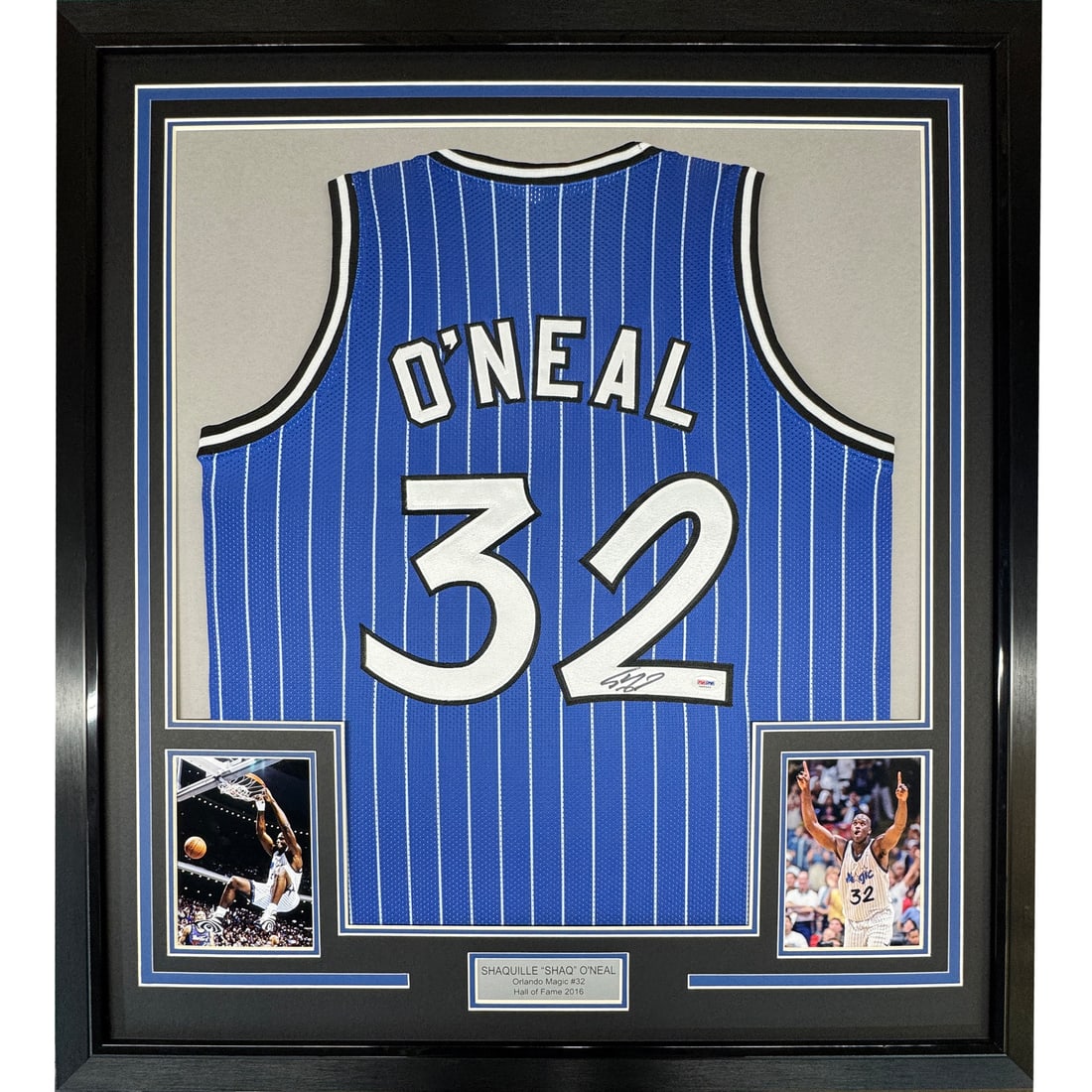 Framed Autographed Shaquille O'Neal Orlando Magic Jersey Beckett COA: Framed Autographed Shaquille O'Neal Orlando Magic Jersey Beckett COA Celebrate the legacy of NBA superstar Shaquille O'Neal with this professionally framed and autographed Orlando Magic jersey. Measur