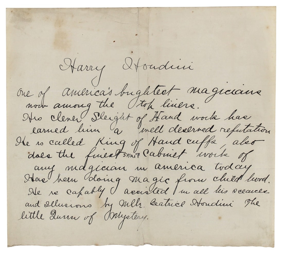 Beckett Certified Harry Houdini signed 7.25x8.25 press release (1 of 7)