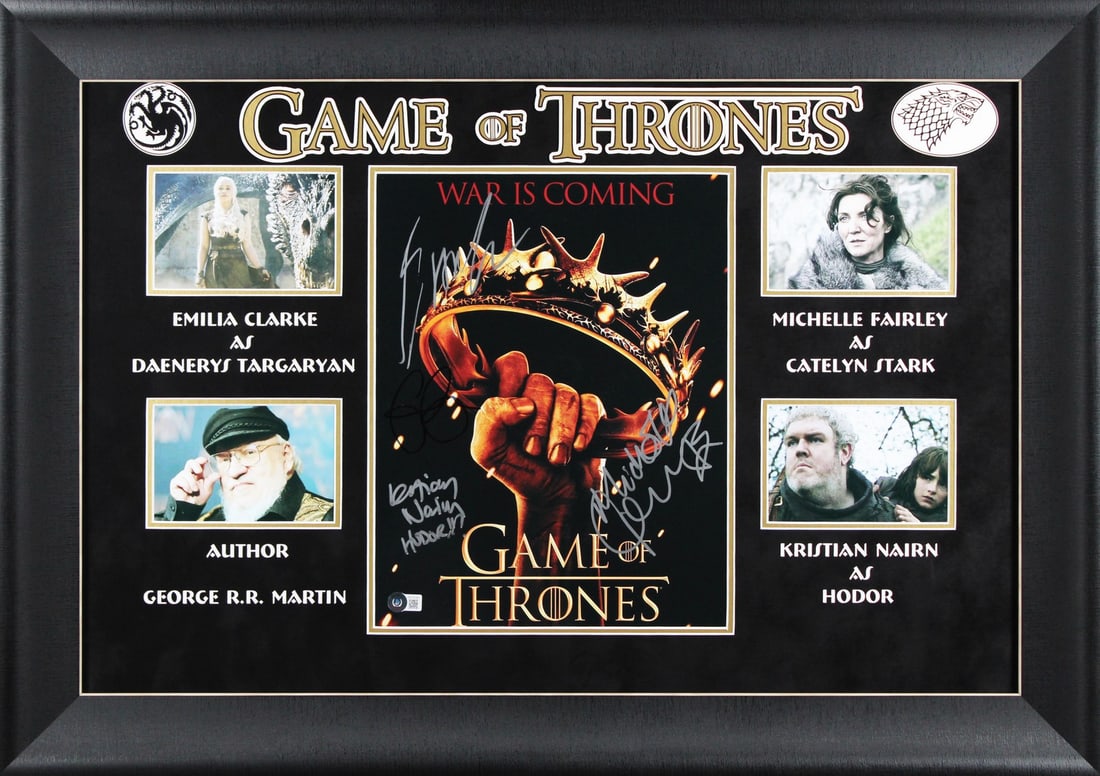 Beckett Authenticated Game of Thrones Signed 11x14 Framed Photo: Beckett Authenticated Game of Thrones Signed 11x14 Framed Photo This is an original 11x14 framed photograph from Game of Thrones, personally signed by Emilia Clarke, George R.R. Martin, Michelle Fairl