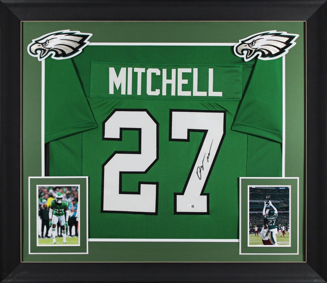 Quinyon Mitchell Autographed Kelly Green Jersey Framed JSA Authenticated: Quinyon Mitchell Autographed Kelly Green Jersey Framed JSA Authenticated This autographed Kelly Green Pro Style Framed Jersey has been personally signed by Quinyon Mitchell of the Philadelphia Eagles,