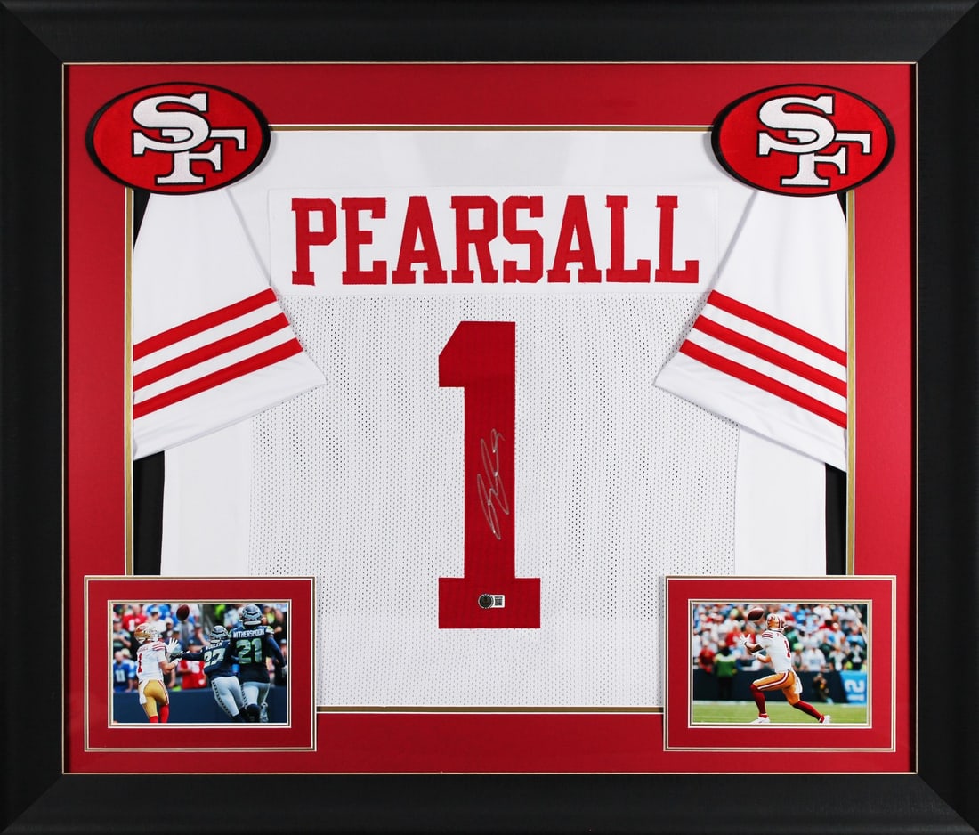 Framed Ricky Pearsall Signed White Jersey Beckett BAS Witnessed San Francisco 49ers: Framed Ricky Pearsall Signed White Jersey Beckett BAS Witnessed San Francisco 49ers This professionally framed white pro style jersey has been personally signed by Ricky Pearsall of the San Francisco 