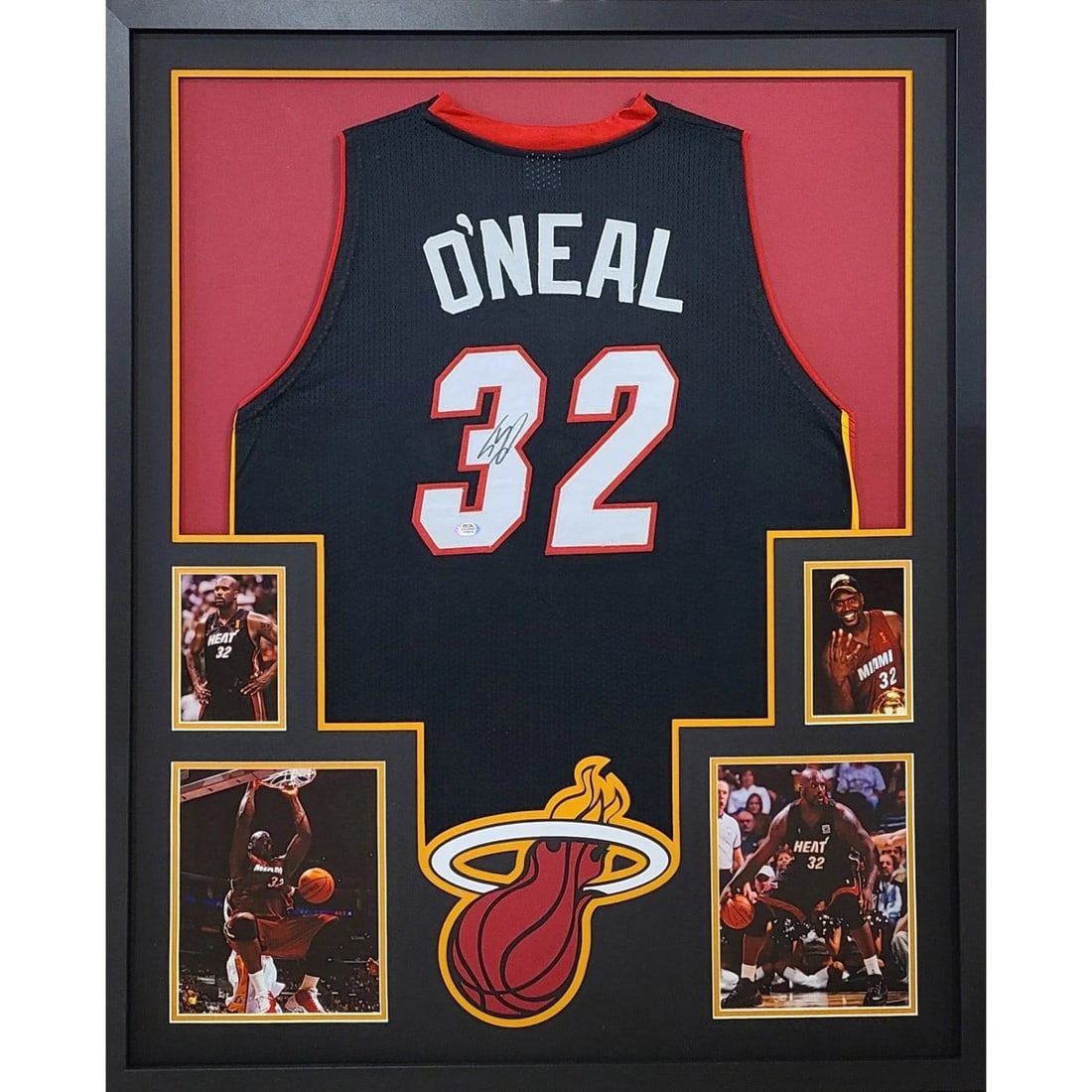Framed Autographed Shaquille O'Neal Jersey Miami Heat PSA/DNA: Framed Autographed Shaquille O'Neal Jersey Miami Heat PSA/DNA This autographed Shaquille O'Neal jersey, framed and ready for display, is a must-have for any Miami Heat fan. Authenticated by PSA/DNA, a