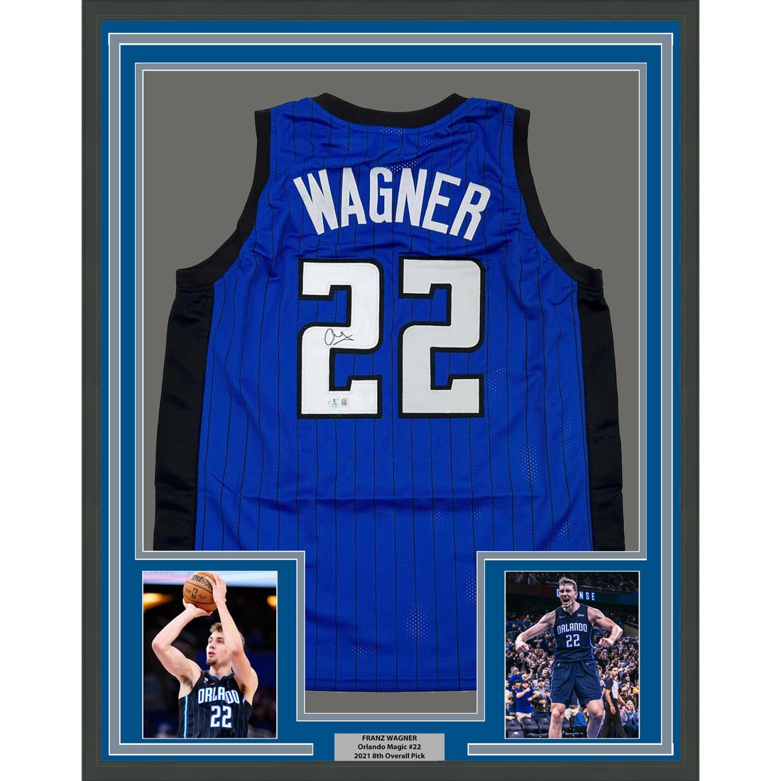 Franz Wagner Autographed Orlando Magic Jersey Framed Beckett COA 35x39: Franz Wagner Autographed Orlando Magic Jersey Framed Beckett COA 35x39 This is a professionally framed and matted display featuring an autographed Franz Wagner Orlando Magic jersey. The jersey is auth