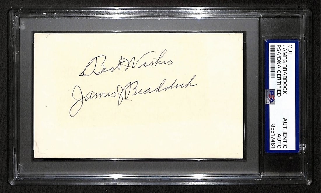 Boxing 3x5 Index Card James Braddock Autograph With Inscription PSA DNA Authenticated: Boxing 3x5 Index Card James Braddock Autograph With Inscription PSA DNA Authenticated This offering features an original signed and inscribed cut of James Braddock on a 3x5 index card. Known as the 'C