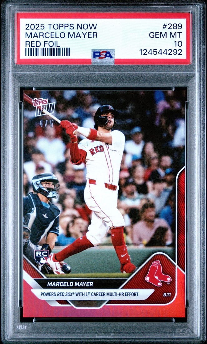 2025 Topps Now Marcelo Mayer #289 Red Foil /5 RC Baseball Card PSA 10: 2025 Topps Now Marcelo Mayer #289 Red Foil /5 RC Baseball Card PSA 10 This is a graded 2025 Topps Now Marcelo Mayer #289 Red Foil /5 RC Baseball Card, authenticated and encapsulated by Professional Sp