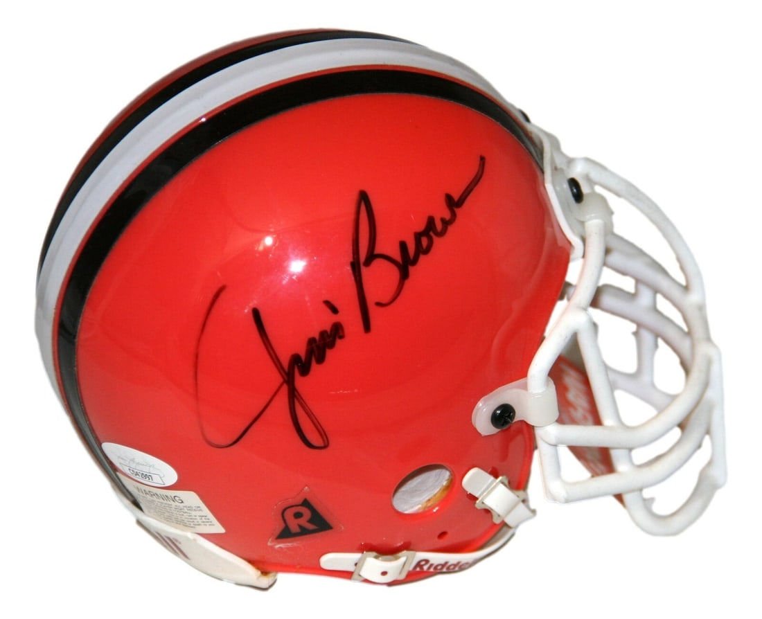 Jim Brown Signed Cleveland Browns Mini Helmet JSA Authenticated: Jim Brown Signed Cleveland Browns Mini Helmet JSA Authenticated This authentic mini helmet from the Cleveland Browns features a signature from legendary football player Jim Brown. The helmet is an off