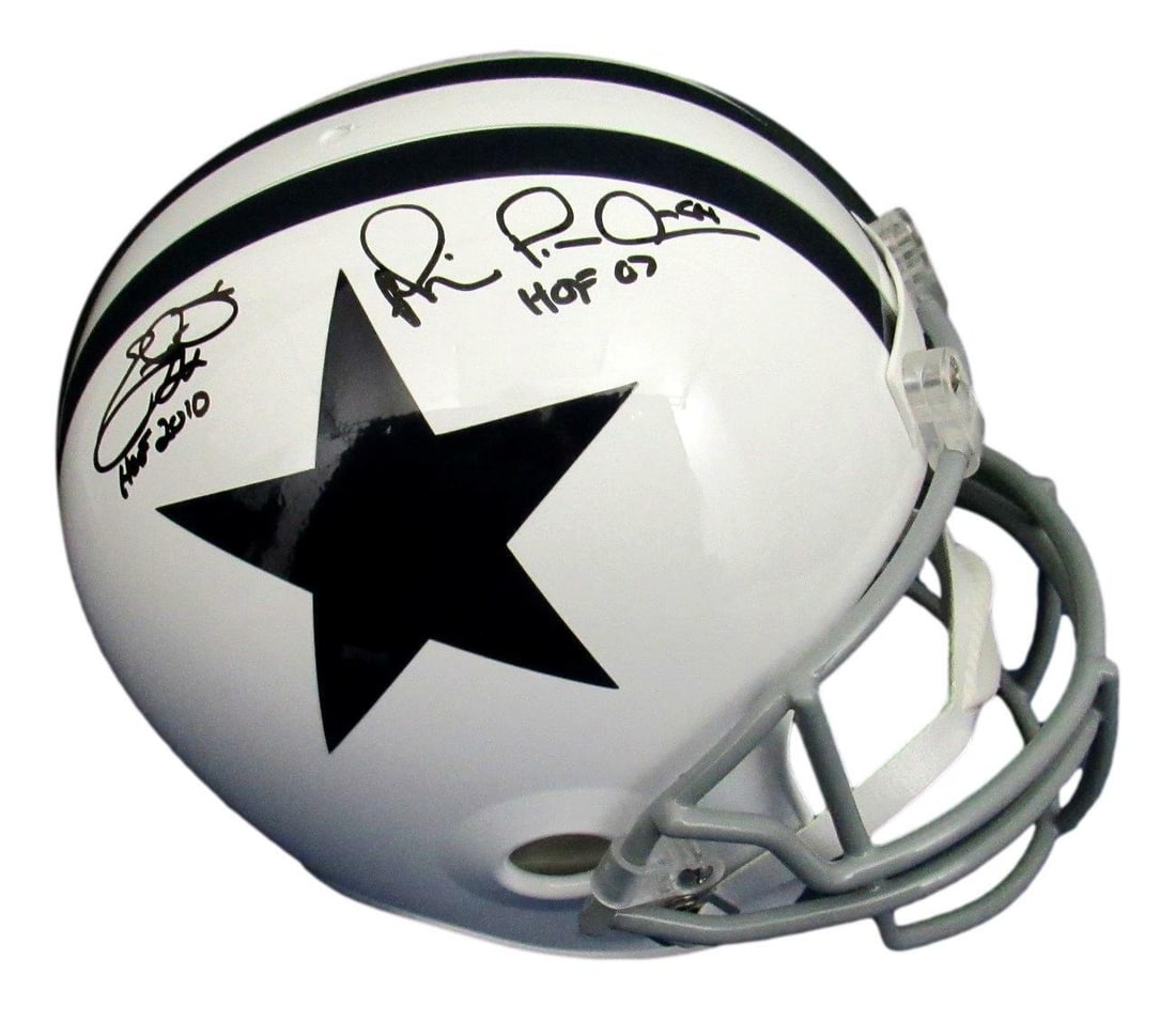 Cowboys Full Size Replica Helmet Signed by Emmitt Smith and Michael Irvin BAS: Cowboys Full Size Replica Helmet Signed by Emmitt Smith and Michael Irvin BAS This Dallas Cowboys full-size replica football helmet is dual-signed and inscribed by Emmitt Smith and Michael Irvin, both