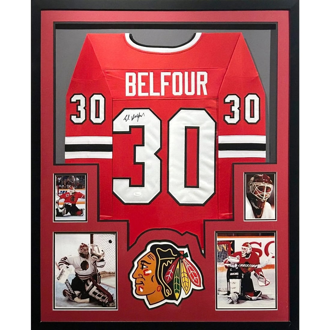 Ed Belfour Signed Framed Chicago Blackhawks Jersey JSA Authenticated: Ed Belfour Signed Framed Chicago Blackhawks Jersey JSA Authenticated This is an autographed Ed Belfour framed jersey from the Chicago Blackhawks, authenticated by JSA, a leading name in sports memorab