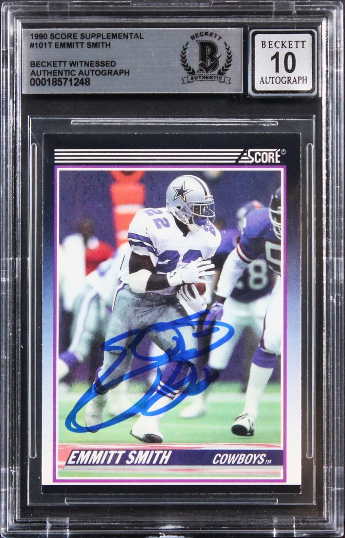 Emmitt Smith Gem Mint 10 Signed 1990 Score Rookie Card Beckett Authenticated: Emmitt Smith Gem Mint 10 Signed 1990 Score Rookie Card Beckett Authenticated This remarkable 1990 Score Supplemental #101T Rookie Card has been personally signed by Emmitt Smith, the legendary player 