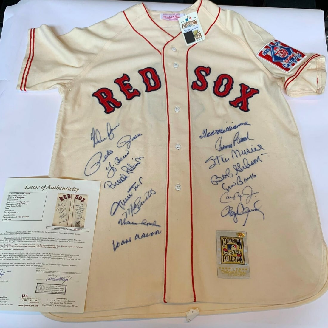 1939 Boston Red Sox Jersey Signed by 15 MLB All-Century Legends JSA COA: 1939 Boston Red Sox Jersey Signed by 15 MLB All-Century Legends JSA COA This incredible 1939 Boston Red Sox home jersey, crafted by Mitchell & Ness, features the signatures of 15 legendary members of 