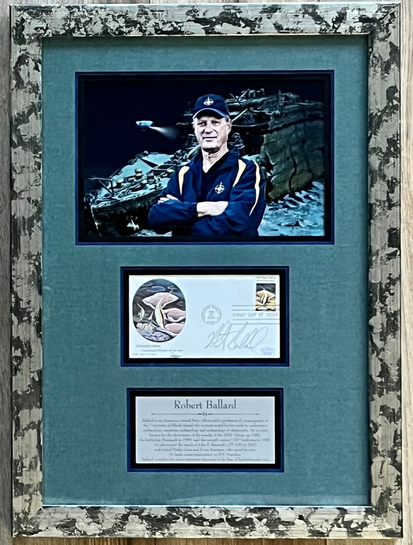 JSA Authenticated Robert Ballard FDC Framed Display 22 x 16: JSA Authenticated Robert Ballard FDC Framed Display 22 x 16 This display features a first day cover (FDC) signed by Robert Ballard, the renowned explorer who discovered the wreckage of the Titanic. Th