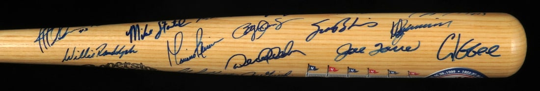 1999 NY Yankees Signed Bat with Derek Jeter and 25 Autographs PSA/DNA: 1999 NY Yankees Signed Bat with Derek Jeter and 25 Autographs PSA/DNA This exquisite 1999 New York Yankees World Series Champions bat is a remarkable piece of baseball history, autographed by 25 legen