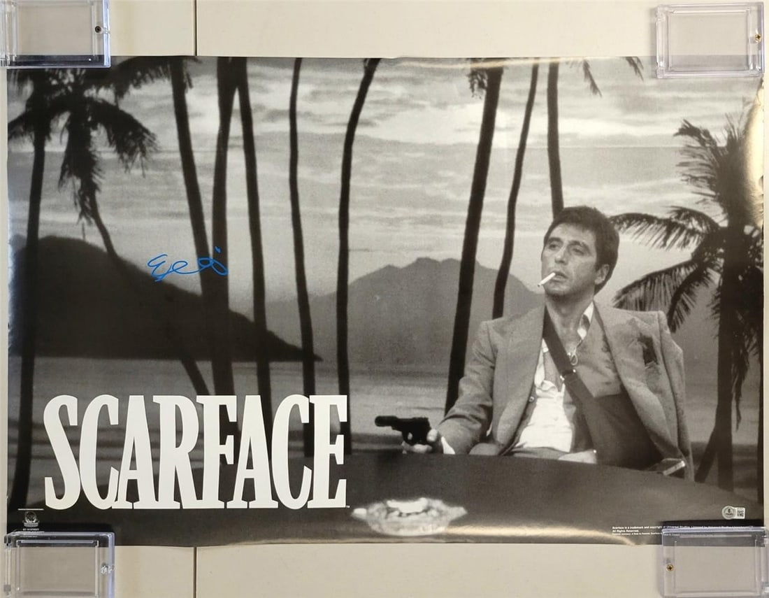 Scarface Poster Signed by Al Pacino as Tony Montana Beckett Authenticated: Scarface Poster Signed by Al Pacino as Tony Montana Beckett Authenticated This is an original Scarface poster featuring a hand-signed autograph by Al Pacino, known for his role as Tony Montana. The po