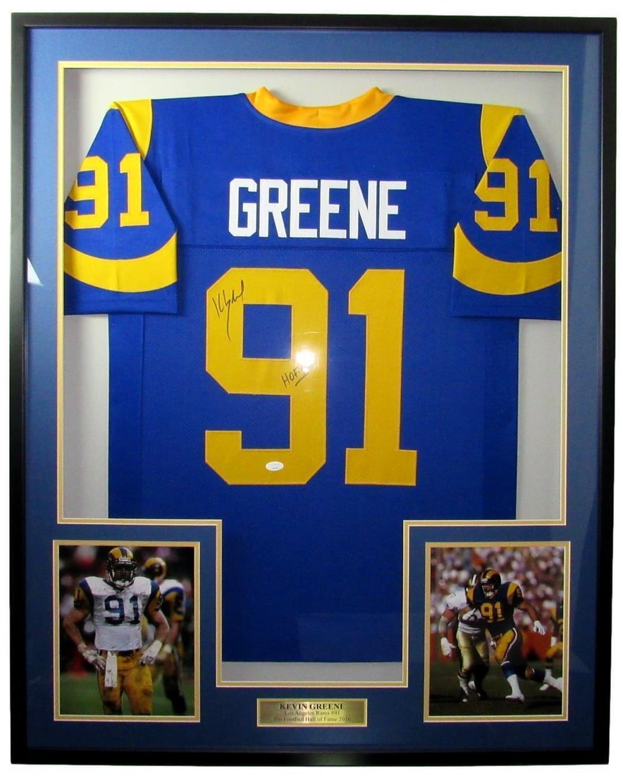 Framed Kevin Greene signed Rams jersey with JSA photos: Framed Kevin Greene signed Rams jersey with JSA photos This professionally framed display features a Kevin Greene Hall of Fame Los Angeles Rams football jersey, autographed and authenticated by JSA. T