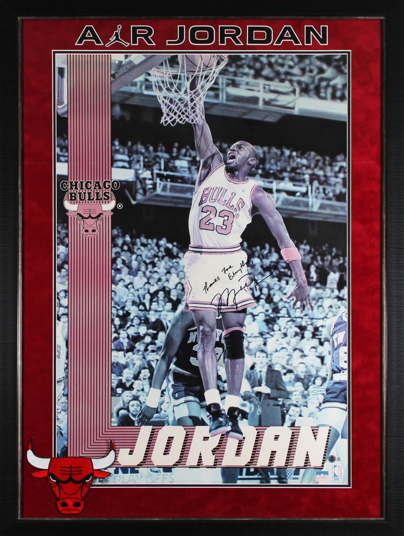 Michael Jordan Signed Chicago Bulls 24x36 Poster Framed Beckett Authenticated: Michael Jordan Signed Chicago Bulls 24x36 Poster Framed Beckett Authenticated This autographed 24x36 poster features Michael Jordan of the Chicago Bulls and includes the inscription "Thanks For Everyt
