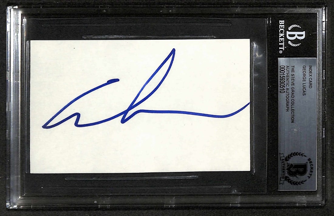 George Lucas Signed 3x5 Index Card Beckett Authenticated: George Lucas Signed 3x5 Index Card Beckett Authenticated This is a 3x5 index card personally signed by George Lucas, the acclaimed creator of Star Wars and Indiana Jones. The autograph is authenticate