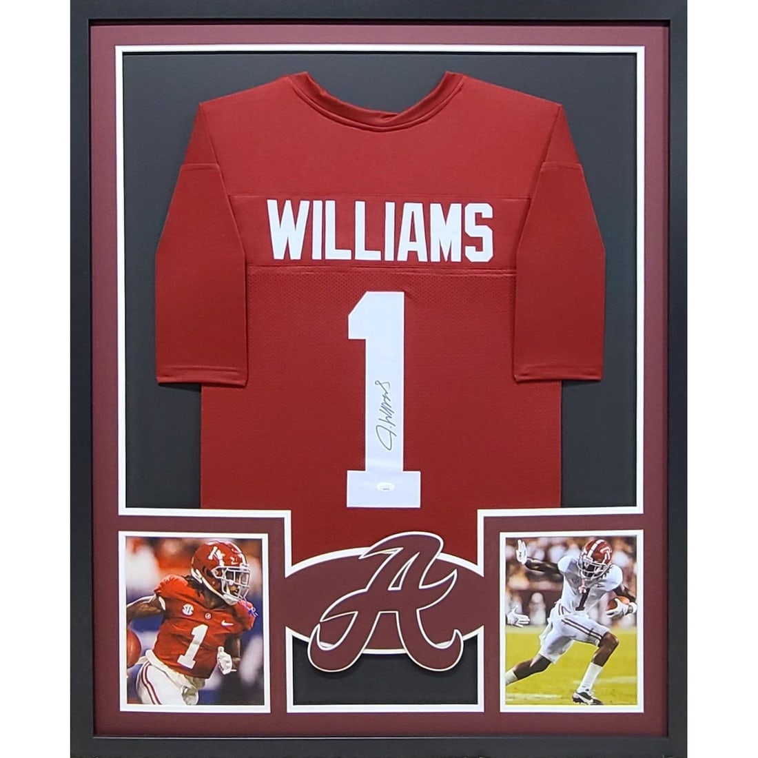 Framed Alabama Jersey Signed by Jameson Williams with JSA Authentication: Framed Alabama Jersey Signed by Jameson Williams with JSA Authentication This is a framed Alabama football jersey autographed by Jameson Williams. The autograph is authenticated by JSA and the jersey 