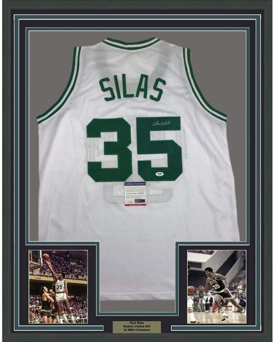 Framed Autographed Paul Silas Boston Celtics Jersey PSA/DNA COA 33x42: Framed Autographed Paul Silas Boston Celtics Jersey PSA/DNA COA 33x42 This professionally framed and matted piece features an autographed white jersey of Paul Silas, a distinguished player from the Bo