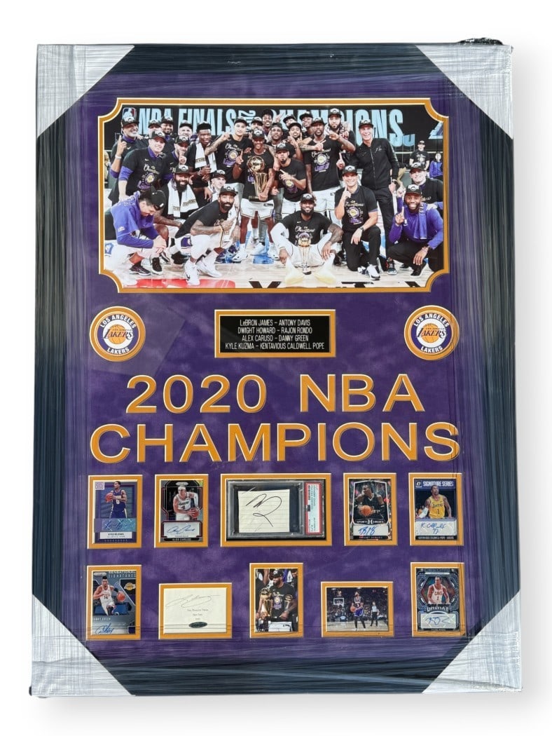Lebron James Anthony Davis Signed Cards & Cut Framed 2020 Lakers Champions: Lebron James Anthony Davis Signed Cards & Cut Framed 2020 Lakers Champions This framed collectible features signed cards from the 2020 Los Angeles Lakers Championship team, including stars LeBron Jame