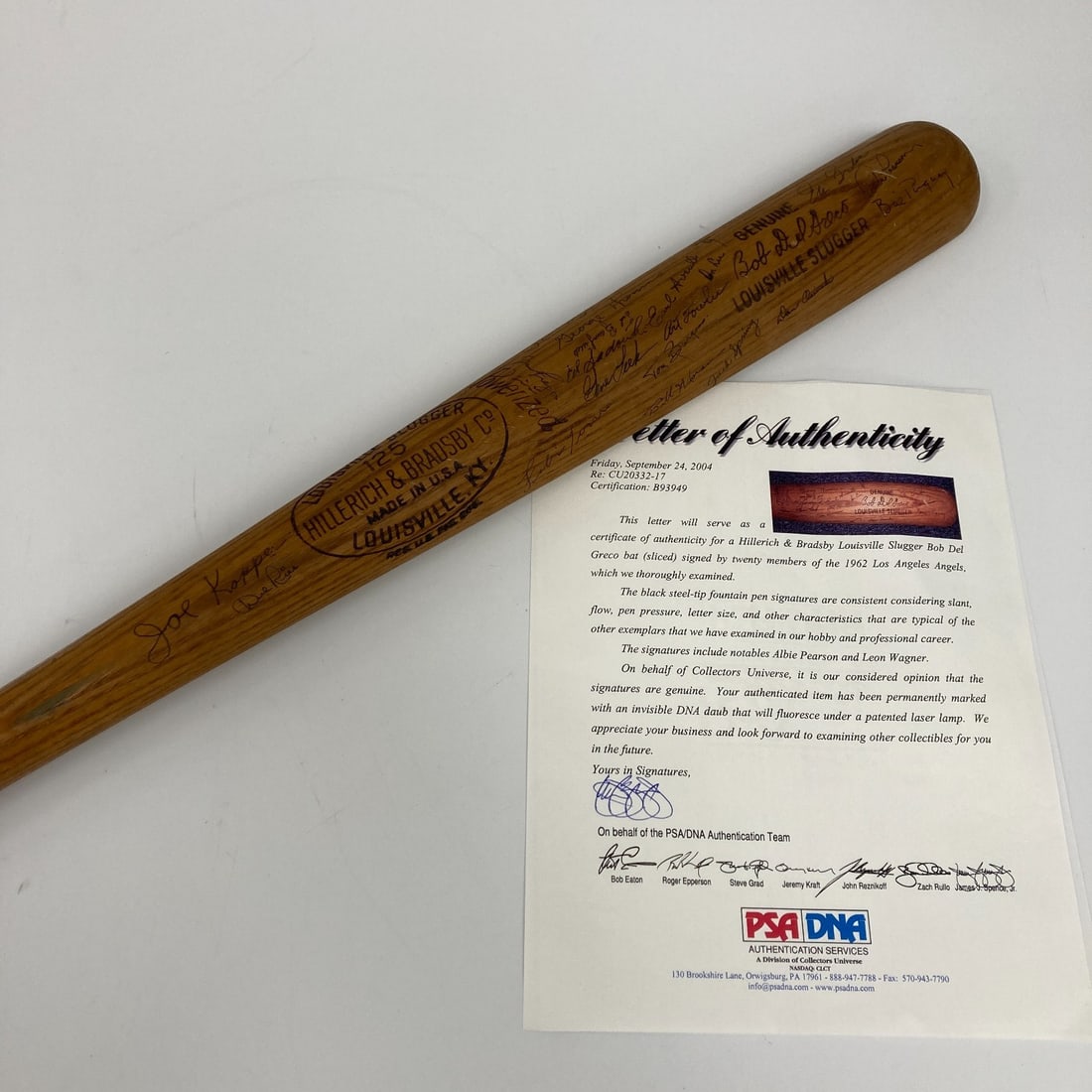 1962 Los Angeles Angels Team Signed Half Bat Bobby Del Greco PSA DNA COA: 1962 Los Angeles Angels Team Signed Half Bat Bobby Del Greco PSA DNA COA This is a game-used bat from Bobby Del Greco, signed by members of the 1962 Los Angeles Angels team. The bat comes with authent