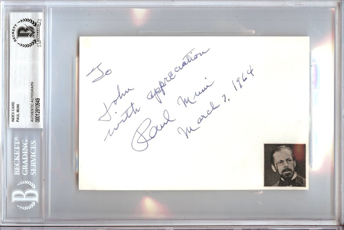 Paul Muni Autographed 4X6 Index Card Beckett Certified Hollywood Icon: Paul Muni Autographed 4X6 Index Card Beckett Certified Hollywood Icon This is an authentic autographed 4X6 index card signed by Hollywood legend Paul Muni. The signature comes with Beckett Authenticat