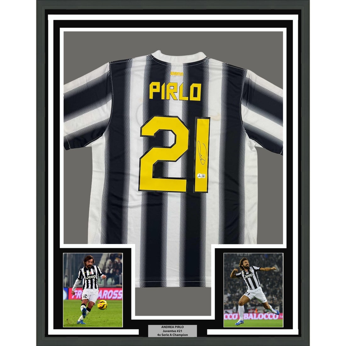 Andrea Pirlo Juventus White Jersey Signed and Framed 35x39 Beckett Authenticated: Andrea Pirlo Juventus White Jersey Signed and Framed 35x39 Beckett Authenticated This framed display features an autographed Andrea Pirlo Juventus white jersey, professionally matted alongside two 5x7