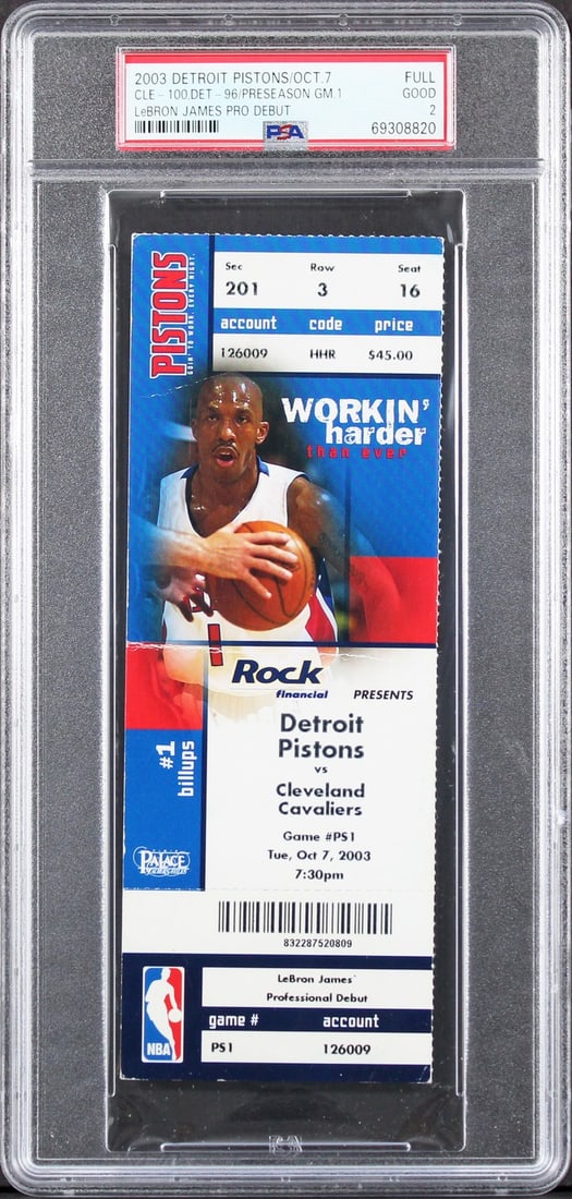 LeBron James 2003 NBA Debut Full Ticket PSA Graded Good 2 Cavaliers: LeBron James 2003 NBA Debut Full Ticket PSA Graded Good 2 Cavaliers This is an original full ticket from LeBron James' NBA debut on October 7th, 2003, when he played for the Cleveland Cavaliers. The t