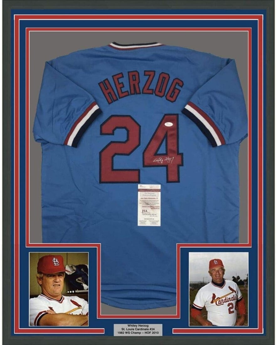 Framed Autographed Whitey Herzog St. Louis Cardinals Jersey JSA COA 33x42: Framed Autographed Whitey Herzog St. Louis Cardinals Jersey JSA COA 33x42 Celebrate the legacy of baseball with this beautifully framed and autographed Whitey Herzog jersey. Measuring 33"x42", this st