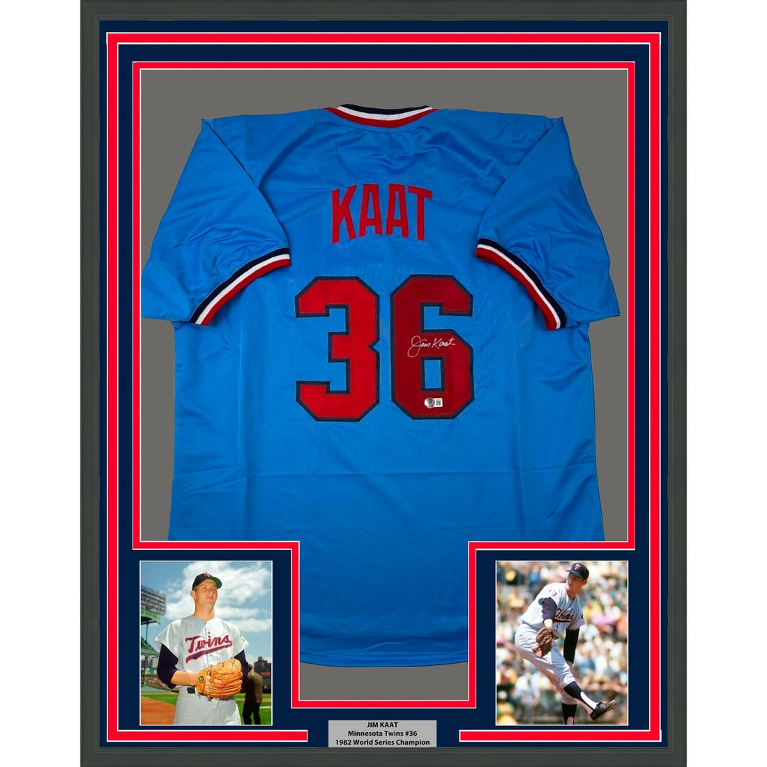 Framed Jim Kaat Autographed Jersey Minnesota Twins BAS COA: Framed Jim Kaat Autographed Jersey Minnesota Twins BAS COA This professionally framed and matted item features a light blue Minnesota Twins jersey autographed by legendary MLB player Jim Kaat. The jer