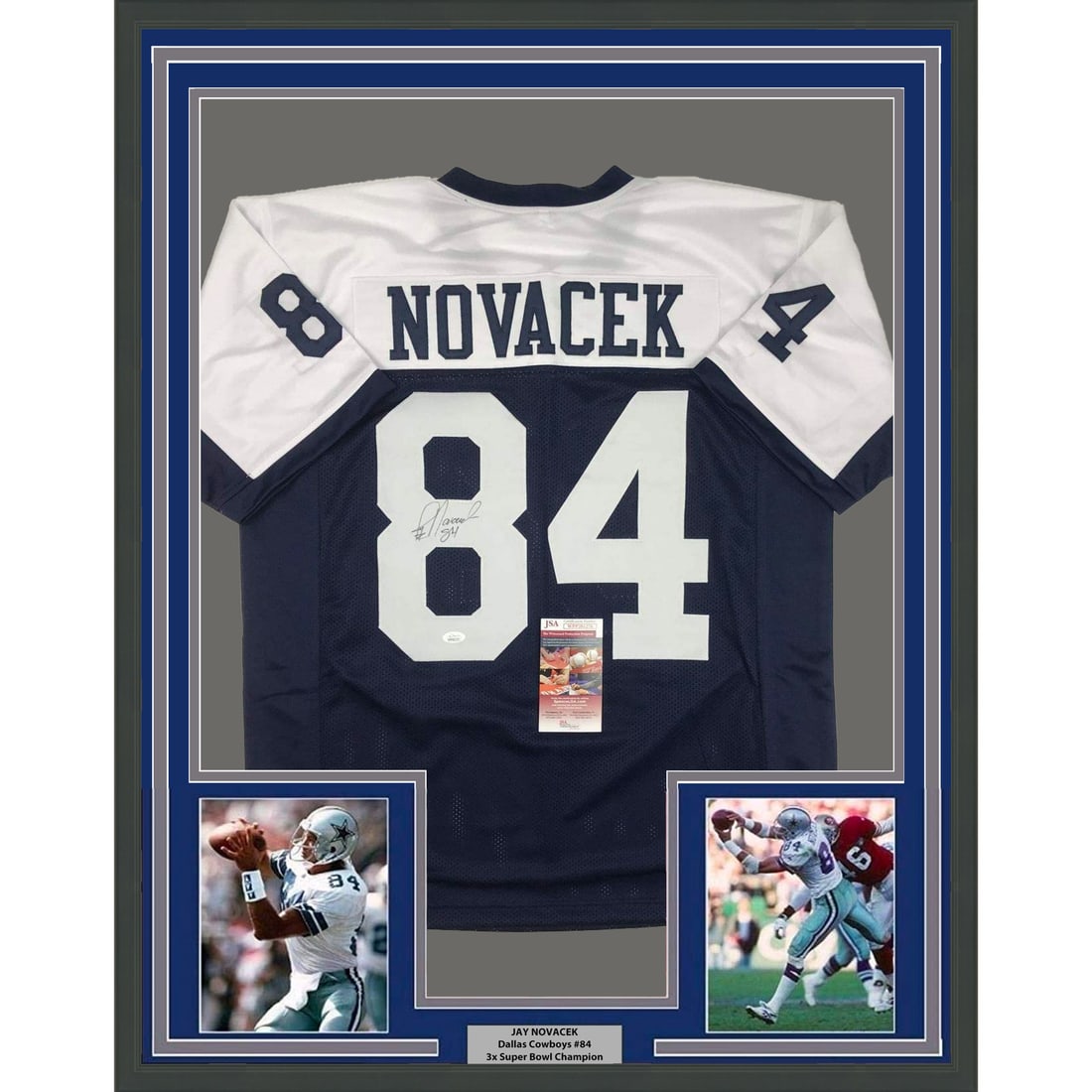 Framed Jay Novacek Signed Dallas Cowboys Jersey JSA COA 33x42: Framed Jay Novacek Signed Dallas Cowboys Jersey JSA COA 33x42 This professionally framed and matted Dallas Cowboys Thanksgiving jersey is autographed by Jay Novacek and authenticated by James Spence A