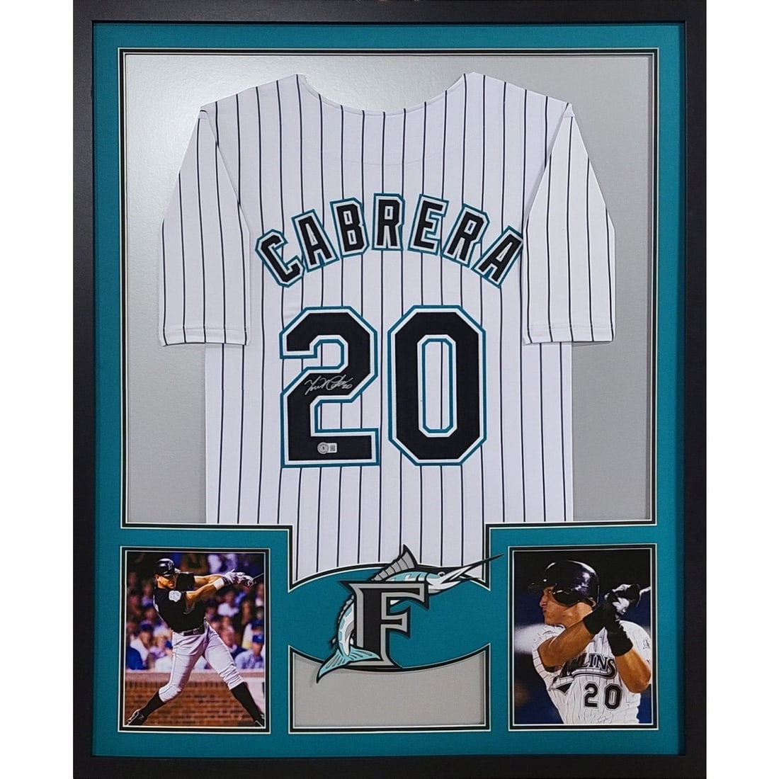 Miguel Cabrera Signed Framed Jersey Florida Marlins Beckett Authenticated: Miguel Cabrera Signed Framed Jersey Florida Marlins Beckett Authenticated This is an autographed Miguel Cabrera framed jersey, featuring the iconic Florida Marlins logo. Authenticated by Beckett, one 
