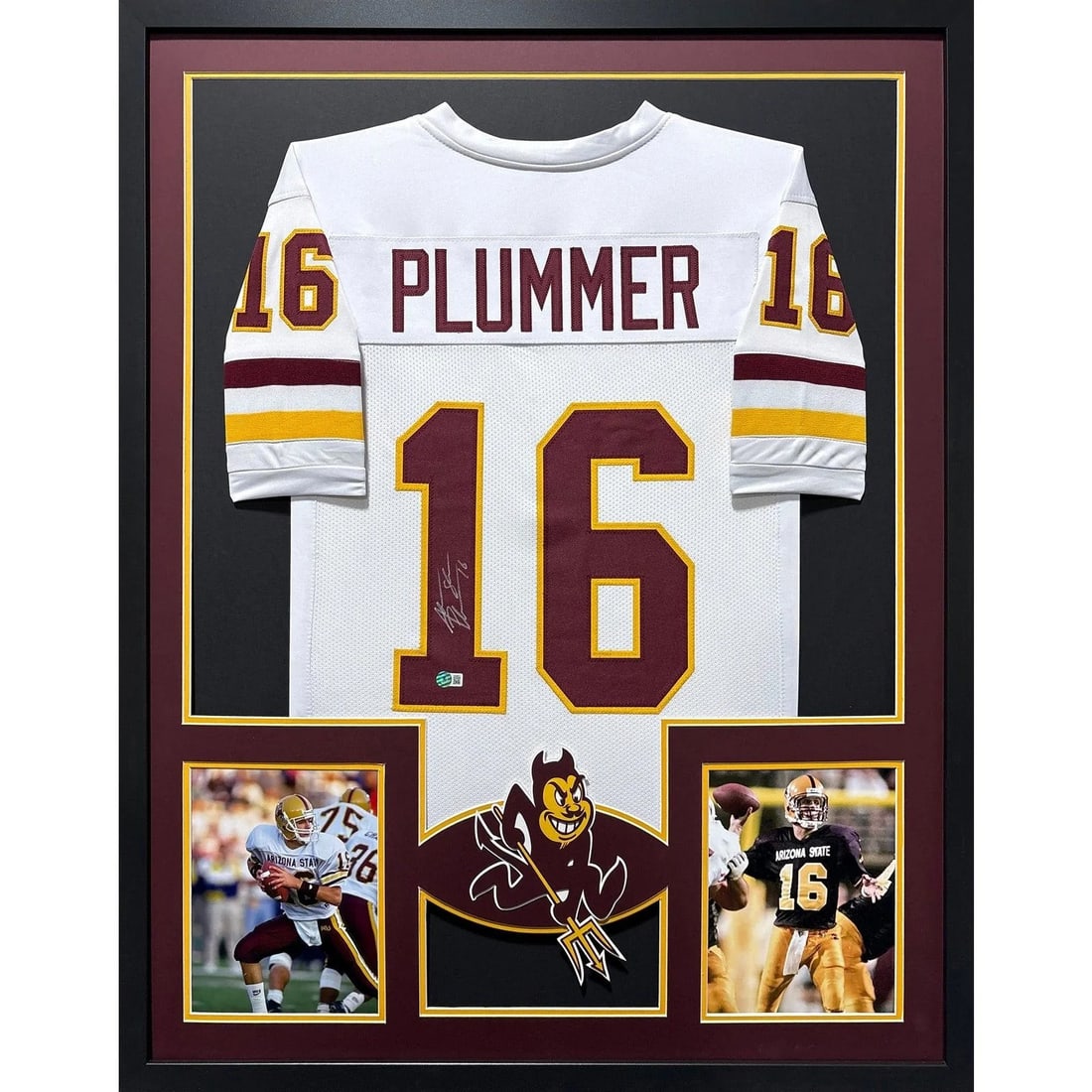 Framed Arizona State White Jersey Signed by Jake Plummer Beckett Authenticated: Framed Arizona State White Jersey Signed by Jake Plummer Beckett Authenticated This is a framed Arizona State white jersey autographed by Jake Plummer. The jersey has been authenticated by Beckett and