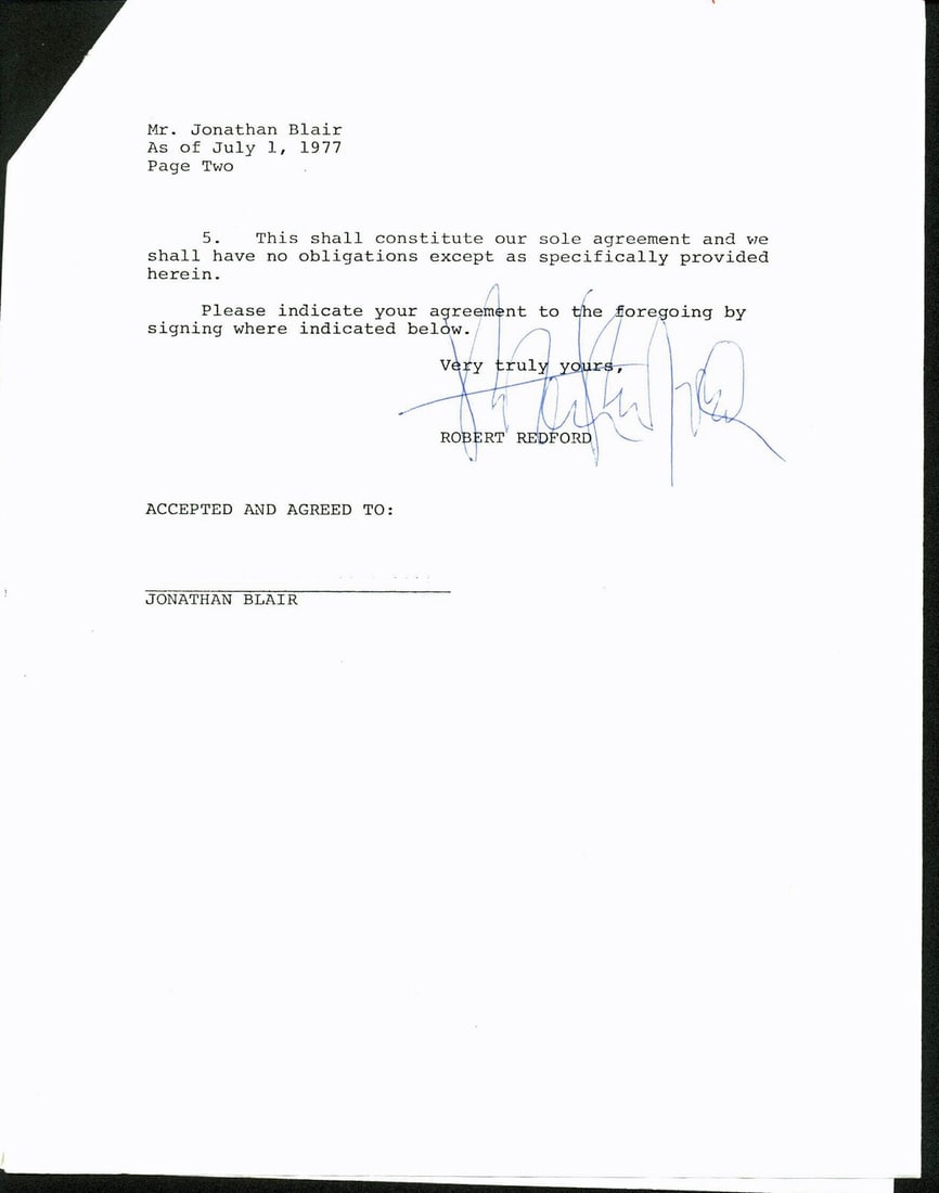 1977 Signed Royalty Contract by Robert Redford with PSA DNA COA 8.5x11 Two Pages: 1977 Signed Royalty Contract by Robert Redford with PSA DNA COA 8.5x11 Two Pages This is an original 8.5x11-inch two-page 1977 royalty contract that has been personally signed by Robert Redford. The a