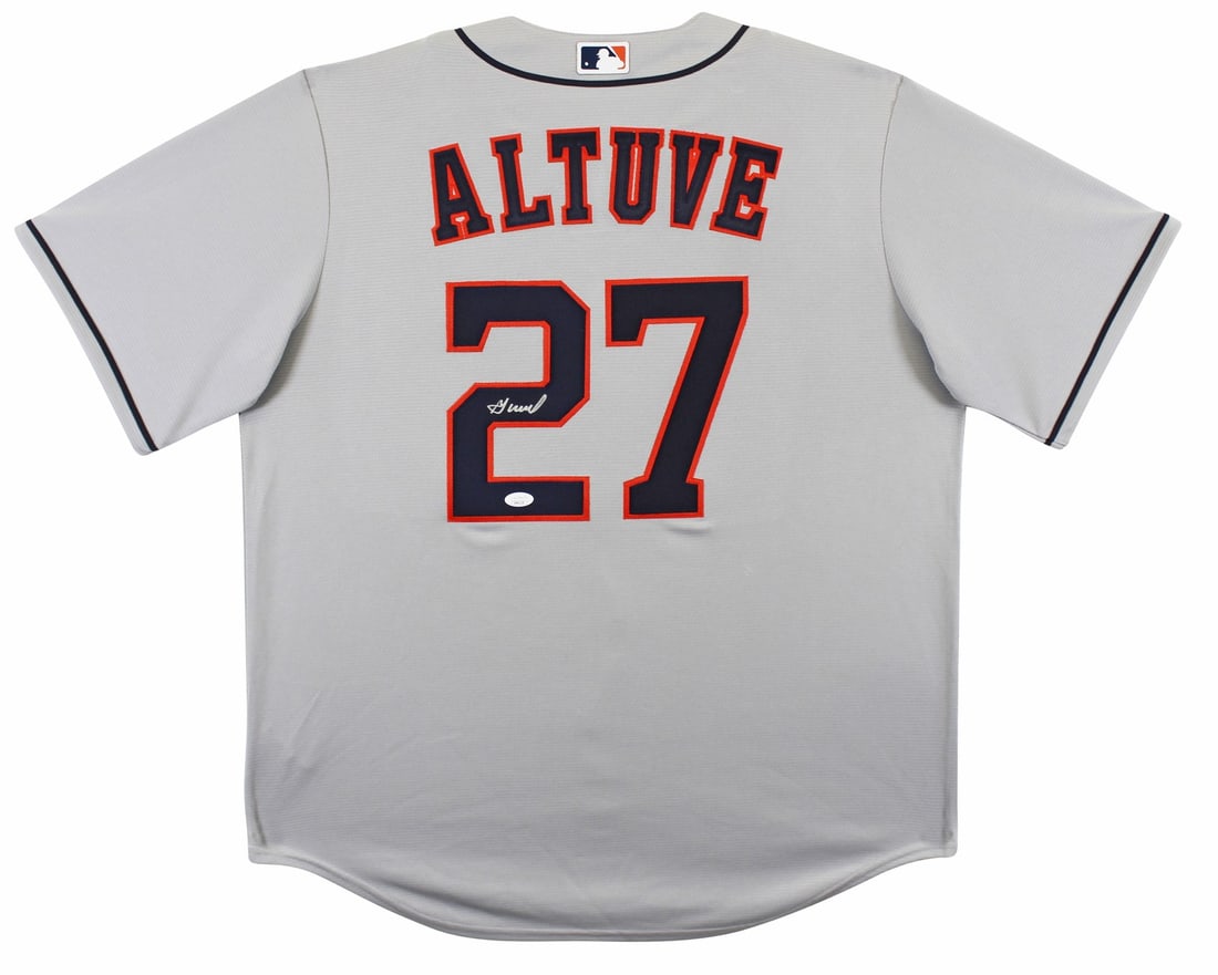 Jose Altuve Signed Grey Nike Jersey Houston Astros JSA Certified: Jose Altuve Signed Grey Nike Jersey Houston Astros JSA Certified This authentic grey Nike jersey has been personally signed by Jose Altuve of the Houston Astros, ensuring its uniqueness and value. The