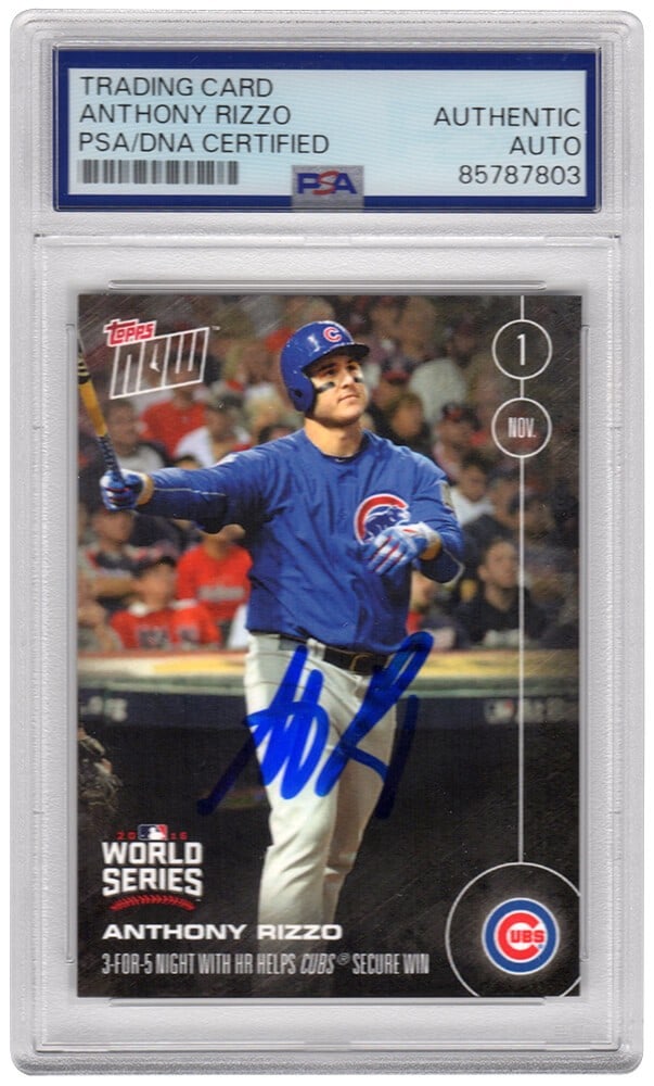 2016 Topps Now Cubs World Series card signed by Anthony Rizzo PSA: 2016 Topps Now Cubs World Series card signed by Anthony Rizzo PSA This is a 2016 Topps Now Chicago Cubs World Series champions trading card (#WS-3) signed by Anthony Rizzo. The card features the Chica